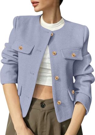 Generic Womens Cropped Blazer Classic Chic and Elegant Round Neck Long Sleeve Jacket Business Casual Fitted Autumn Blazer Cardigan for Office Daily and Weddin