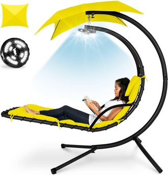 Best Choice Products Hanging LED-Lit Curved Chaise Lounge Chair for Backyard, Patio w/ Pillow, Canopy, Stand