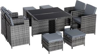 OUTSUNNY Rattan Dining Set Garden Furniture Cube Table Chair Stool Cushion Seat Grey