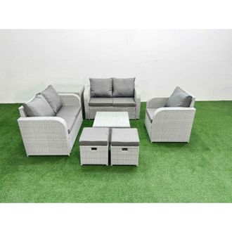 Fimous High Back Poly Rattan Garden Furniture Set with Reclining Chair Loveseat Sofa Square Coffee Table Indoor Outdoor Patio Set 2 Stool Light Grey - Fimous