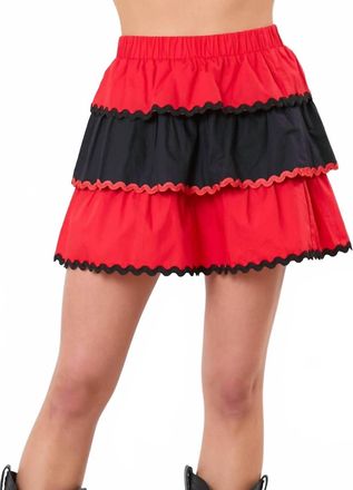 Peach Love California Color Block Tiered Mini Skirt In Red/black