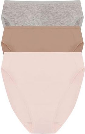 Natori Bliss Bare Cotton High Cut Brief 3-Pack in Lt Grey Heathr/buff/peach Whip at Nordstrom, Size X-Large