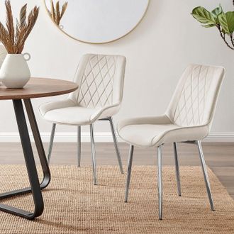 Furniturebox 2x Pesaro Velvet Silver Leg Luxury Dining Chairs in Cream