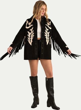 NASTY GAL Real Suede Embroidered Western Shirt in Black at Nordstrom, Size 12