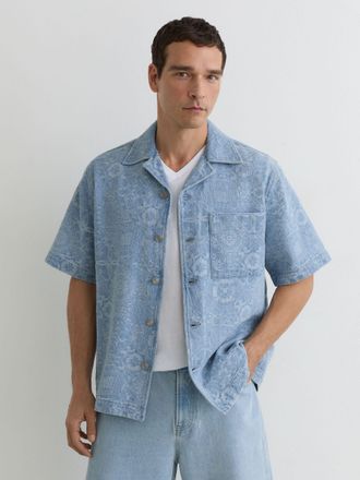 Reiss Soft Blue Denim Jacquard Short-sleeve Shirt, Xxl