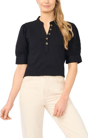 CeCe by Cynthia Steffe Puff Sleeve Mixed Media Cotton Top in Rich Black at Nordstrom, Size Xx-Small