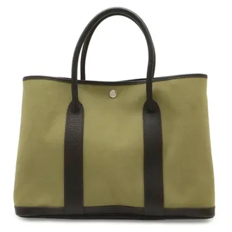 Herm&egrave;s Garden Dark Brown Khaki Canvas Leather Handbag Tote Bag (Pre-Owned)