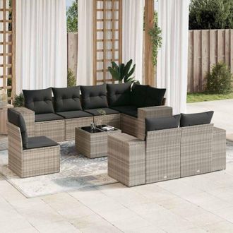 vidaXL Set Muebles Jard&iacute;n 9 Pzas Y Cojines Rat&aacute;n Sint&eacute;tico Gris Claro Vidaxl