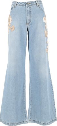 Ermanno Scervino Light Blue Floral-Embroidered Wide-Leg Jeans