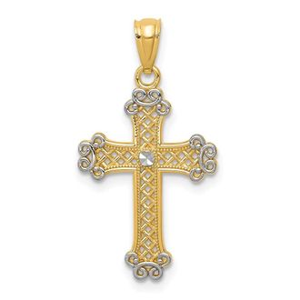Diamond2Deal 14k Yellow Gold Rhodium Diamond-cut Filigree Cross Pendant
