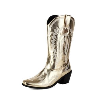 Generic Womens Chunky Heel Mid-Calf Boots Pull on Wide-Calf Boots with Embroidery Stitched Pointed Toe PU Leather Western Cowboy Boot,Gold,10.5 UK
