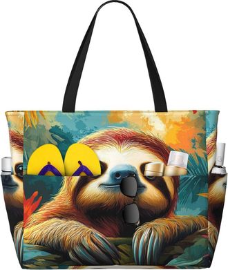 Generic Colorful Sloth Print Large Beach Bag Foldable Travel Shoulder Tote Bag With Pocket For Weekender Pool Vacation