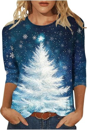 Generic Christmas Top for Women 3/4 Sleeve Novelty Funny Christmas Sweatshirt Xmas Tree Print Sweatshirt Casual Tunic Tops Holiday Round Neck Long Sleeve Tops