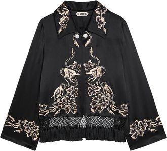 Bode Phantasm Floral Fringed Silk Jacket - Black - L (UK14 / L)