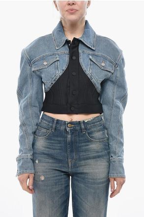 MUGLER Cropped Denim Jacket with Jersey Detail size 40