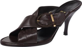 Ferragamo Dark Brown Leather Criss Cross Buckle Sandals