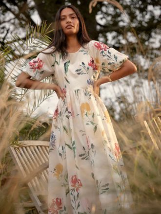 Fat Face FatFace Bria White Painted Floral Regular Midi Dress