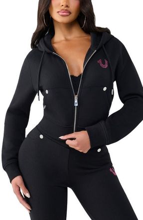 True Religion Crystal Logo Shrunken Full Zip Hoodie in Jet Black at Nordstrom, Size Xx-Large