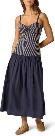 Adrianna Papell Embroidered Cutout Drop Waist Cotton Midi Dress in Navy/Ivory at Nordstrom, Size 10