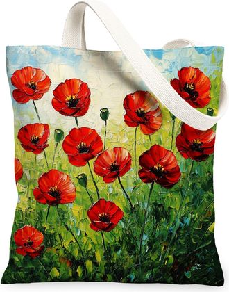 Generic Spring Oli Painting Poppy Canvas Tote Bag for Shopping 13x15, Floral Wildflower Garden Reusable Grocery Print Pattern Bag for Women, Flower Scene Beac