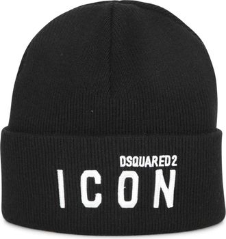 Dsquared2 Gebreide muts met omslag - Heren - Hoeden - Zwart - ONE Size - Wol - Accessoires