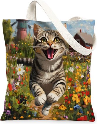 Generic Spring American Shorthair Cat Canvas Tote Bag for Shopping 13x15, Country Garden Kitten Reusable Grocery Print Pattern Bag for Women, Fun Flower Pet B