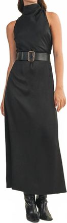 Mustard Seed Flowy High Neck Belted Sleeveless Dress In Black