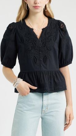 Treasure & Bond Cutwork Puff Sleeve Cotton Top in Black at Nordstrom, Size Xx-Small