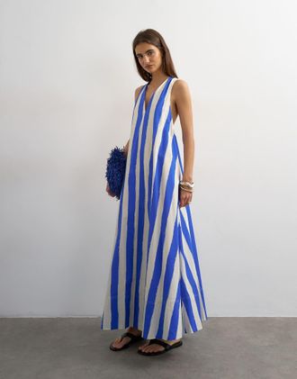 Topshop Vestito lungo a trapezio allacciato al collo blu a righe con fondo ampio