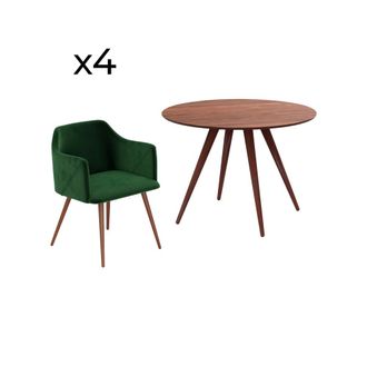 Rendez-Vous D&eacute;co Mesa y sillas para 4 personas de terciopelo verde y madera