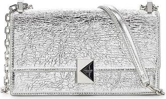 Kate Spade New York Deco Crinkle Metallic Leather Mini Flap Chain Crossbody Wallet Womens Handbags Silver