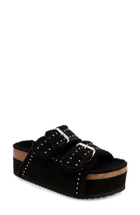 Mia Brookie Faux Shearling Platform Slide Sandal in Black at Nordstrom, Size 8.5