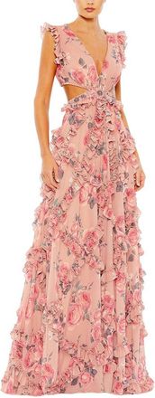 Mac Duggal Ruffled Cut Out Cap Sleeve V-Neck Chiffon Gown