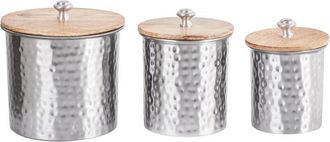 Beliani Conjunto De 3 Recipientes Decorativos Tarros De Aluminio Plateado Con Tapas De Madera Alexandria