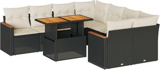 vidaXL 9 Piece Garden Sofa Set with Cushions Black Poly Rattan Acacia Vidaxl