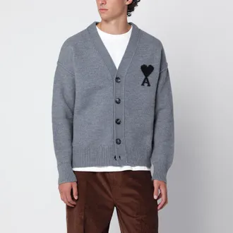 Ami Cardigan Ami De Coeur grigio in lana merino