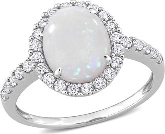 Mimi & Max 2 1/4 CT TGW Halo Oval Opal and Created White Sapphire Ring in 10K White Gold