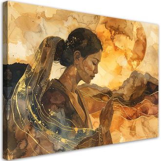Feeby Cuadro Sobre Lienzo, Silueta Abstracta M&iacute;stica Dorada De Una Mujer En Estilo Boho En Acuarela, 120x80