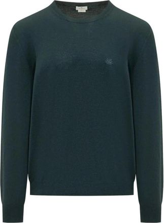 Etro Trui met geborduurd logo - Heren - Ronde hals truien - Groen - XL - Wol - Truien & Vesten