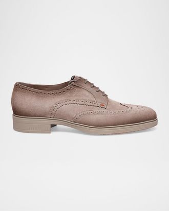 Santoni Mens Easy Suede Brogue Wingtip Derby Shoes
