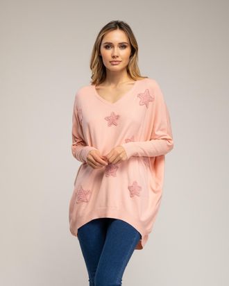 Tantra Oversized lange gebreide trui met opgetikte stoffen sterren met strass