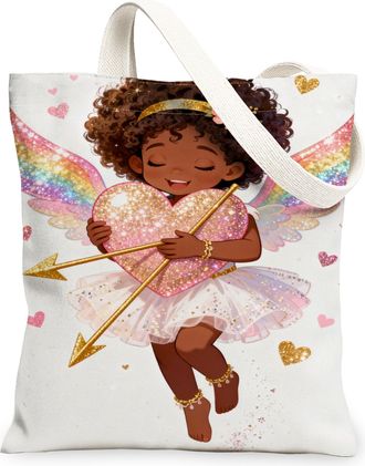 Generic Fanciful Angel Canvas Tote Bags, Cute Heart Design Reusable Bags, ValentineS Day Lightweight Washable Shoulder for Travel, White, 13x15 Inch