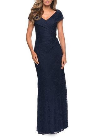 La Femme Lace Off The Shoulder Cap Sleeve Evening Dress in Navy at Nordstrom, Size 18