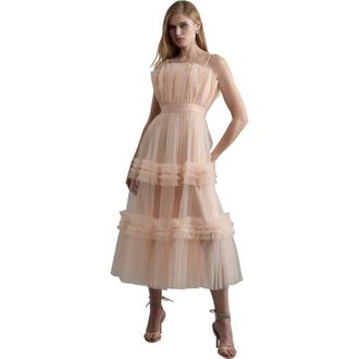 Karen Millen Tulle Bandeau Tiered Midi Dress in Blush at Nordstrom, Size 2