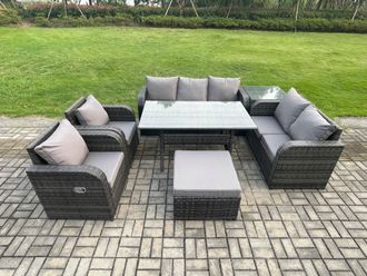 Fimous Dark Grey Wicker Rattan Garden Furniture Set Reclining Chair Love Sofa 2 Seater Sofa Set Outdoor Rectangular Dining Table Side Table 8 Seater