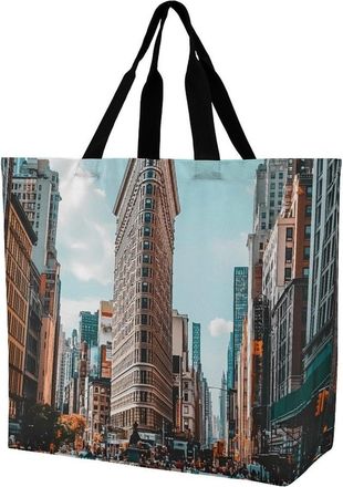 Generic Flatiron Building in New York Reusable Shopping Bags One Shoulder Grocery Tote Bag Waterproof Big Purse for Work Travel