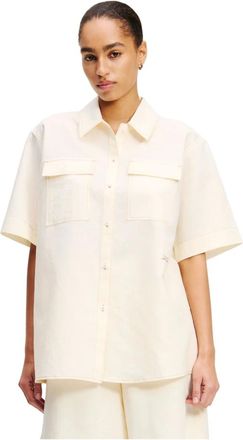Karl Lagerfeld Overhemden, Dames, Beige, M, Katoen, Lichte beige linnen en katoenen blouse met zakken