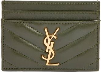 Saint Laurent Cassandra Matelass&eacute; Leather Card Case in Olive Wood at Nordstrom