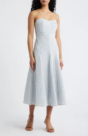 Lulus Karina Strapless Stripe Eyelet Midi Dress in Blue/White at Nordstrom, Size X-Large