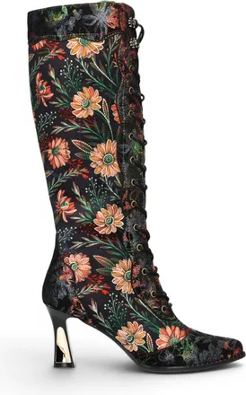 Laura Vita Womens Black Victorian Floral Leather Knee-High Heeled Boots - Oanelo-02